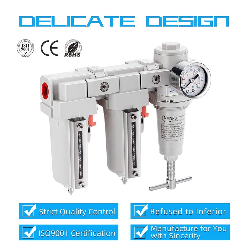 NANPU 1/2" NPT T-Handle High Pressure Air Drying System - Double 5 Micron Particulate Filter & Air Pressure Regulator Piston Combo, Semi-Auto Drain＆Gauge - Image 2
